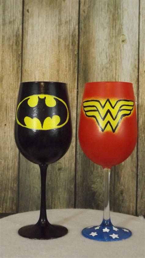 Hand Painted Super Hero Wine Glass Batmanwonder Womansuper