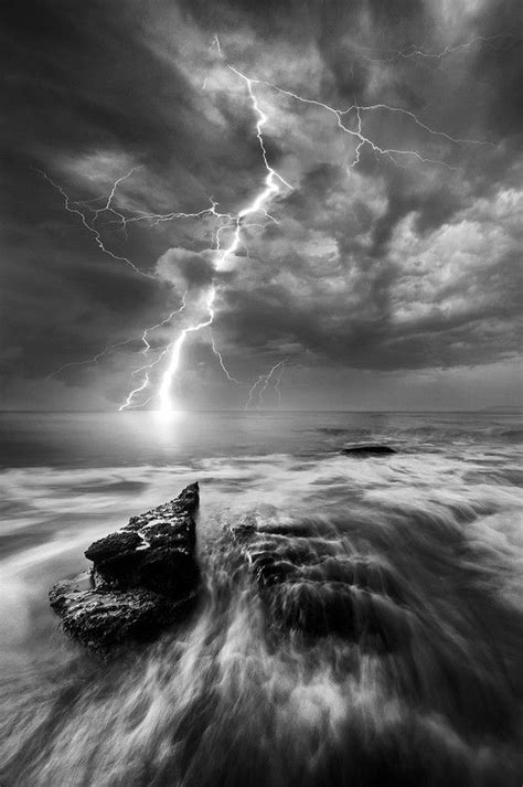 Lightning Storm Clouds Waves Ocean View Beauty Of