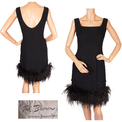 Vintage 60s Black Wiggle Dress With Marabou Trim By Frances Prisco From