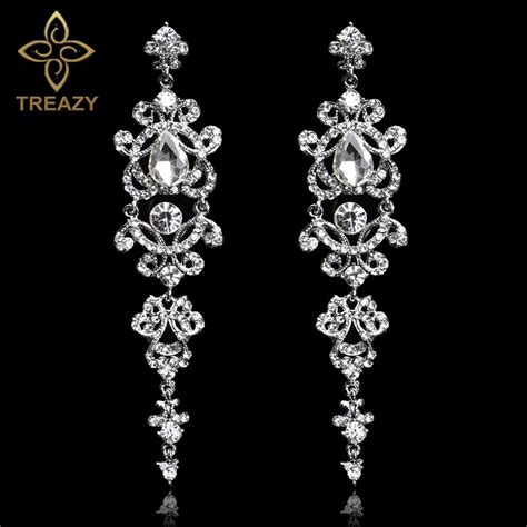 Treazy Luxurious Crystal Chandelier Shape Earrings Silver Color Bridal