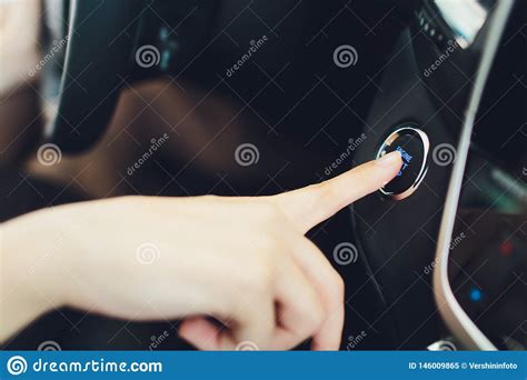 Woman Starts The Car Engine With Start Stop Button Modern Car Interior