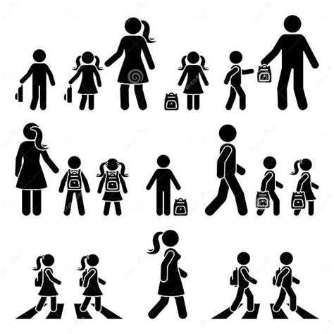 Stick Figure Walking Kids With Parents And Backpack Vector Icon