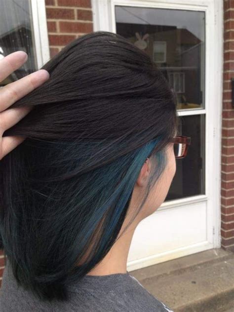 Picture Of A Long Black Bob With Teal Highlights That Make