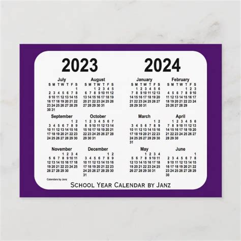 2023 2024 Purple Mini School Calendar By Janz Postcard Zazzle