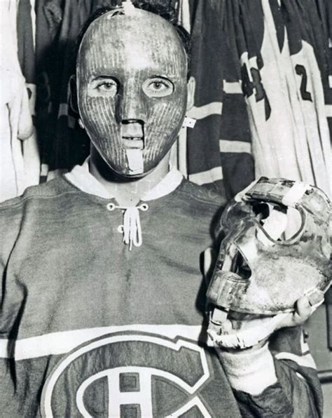 Jacques Plante Wearing And Holding A Rare Goalie Mask Hockeygods