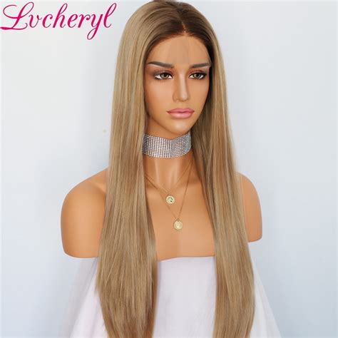 natural long silky straight dark roots ombre ash blonde heat resistant glueless synthetic lace