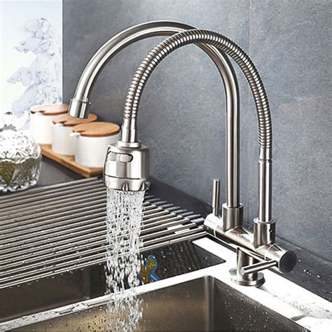 Stainless Steel Double Hole Faucet Wash Basin Swivel Water Taps Mixer