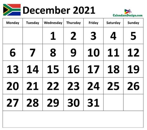 December 2021 Calendar South Africa