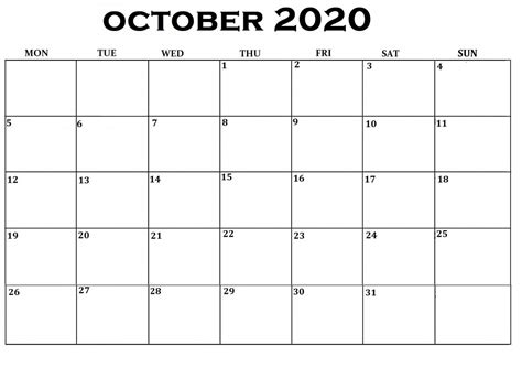 October 2020 Blank Calendar Printable Pdf Wishes Images