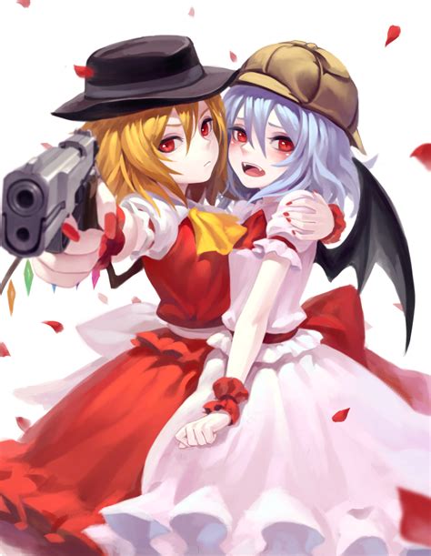 Fkey Flandre Scarlet Remilia Scarlet Touhou Silver Hair Highres Girls Aiming At Viewer