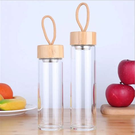 400ml 500ml High Quality Glass Water Bottles Bamboo Lid With Rope Drink