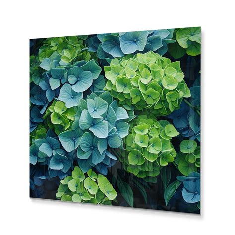 Designart Green Blue Hydrangea Emerald Blooms Floral Metal Wall Art