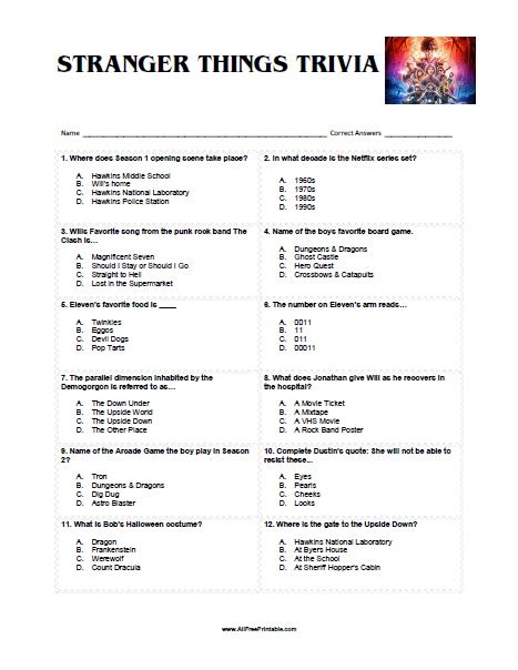 Free printable general trivia questions and answers and other general trivia resources including interactive trivia games and printable trivia in various formats. Stranger Things Trivia | AllFreePrintable.com