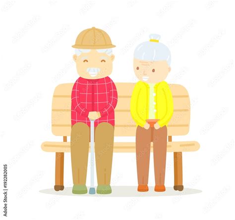 Vecteur Stock Older Couple Sitting On Bench Happy Old Man Sitting With
