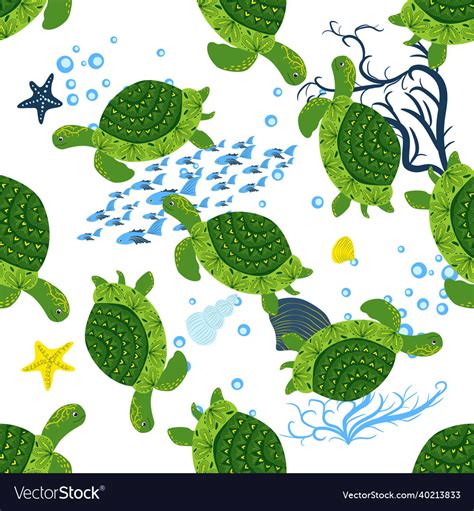 Turtle Green Seamless Pattern Beautiful Character Vector Image