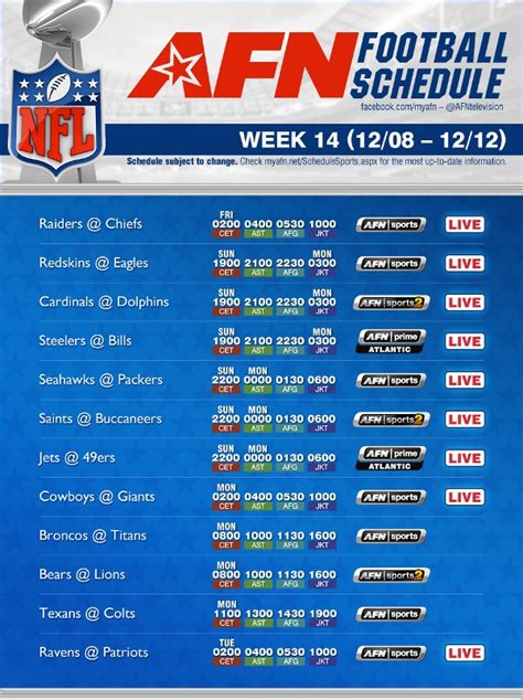 Nfl Football Schedule Week 14 Dec 8 12 On Afn