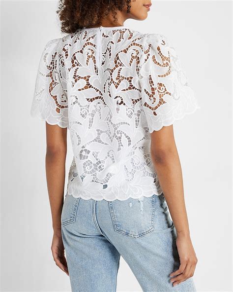 Express Lace Short Sleeve Scalloped Hem Top In White Express Style