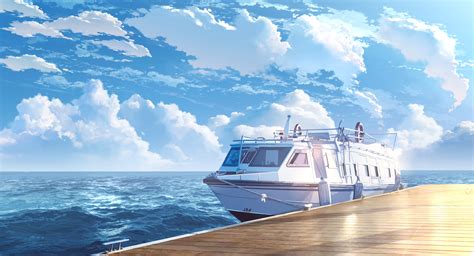 Download 3694x1999 Anime Seascape Boat Clouds Sky Scenery