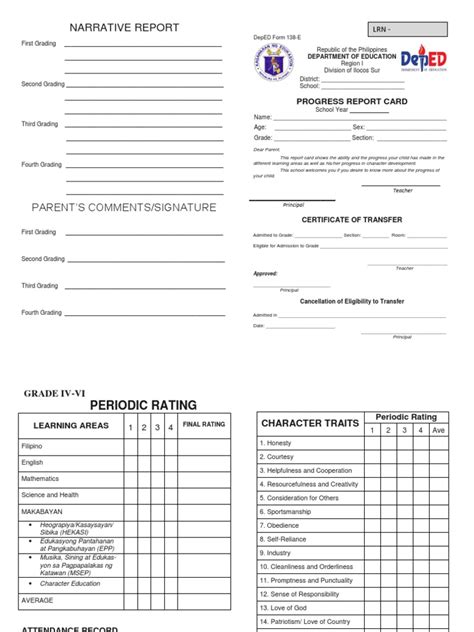 Deped Form 138 E Report Card Grades 4 To 6 Blank