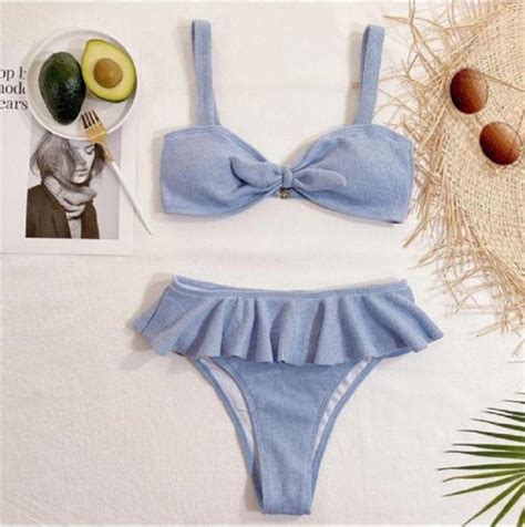 China Customized Rib Sky Blue Printed Bikini Ruffled Bikini Sky Blue