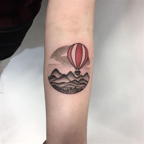 Mountainous Landscape And Hot Air Balloon On The Left Forearm Done At