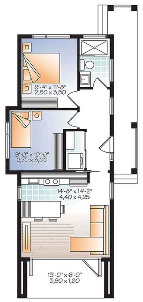 House Plan 034 01072 Narrow Lot Plan 631 Square Feet 2 Bedrooms 1
