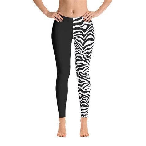 Black And White Zebra Half Black Half Zebra Print Leggings Yoga Pants Exercise Workout