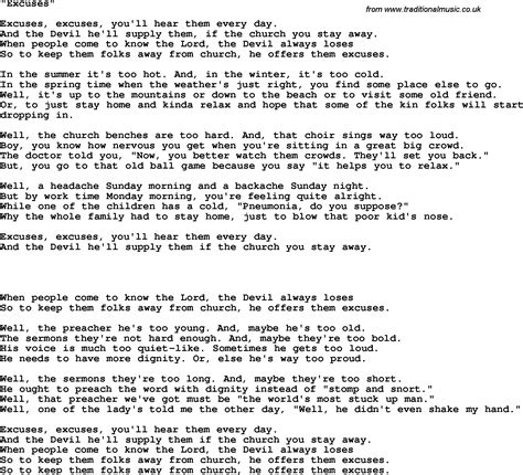 Country Southern And Bluegrass Gospel Song Excuses Lyrics