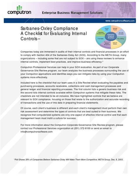 Sarbanes Oxley Compliance A Checklist For Evaluating Internal Controls Pdf