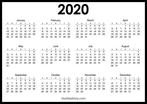 2020 Printable Free Calendar Horizontal Black Sunday Start Hd