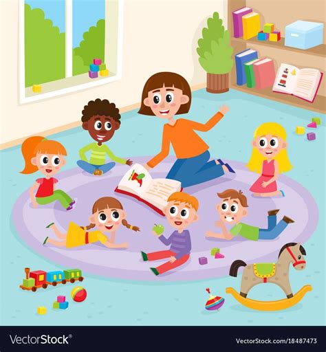 Kindergarten Kids In Classroom And Teacher Reading Vector Image On