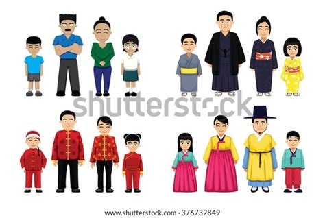 Asian Families Set Cartoon Vector Illustration Stock Vector Royalty