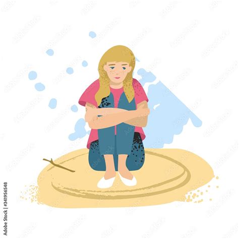 A Young Girl Sits On The Sand With Her Arms Around Herself And A Border Is Drawn Around Her The