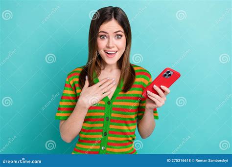 Portrait Of Positive Astonished Lady Wear Trendy Clothes Arm Showing