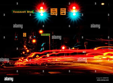This long exposure photo shows traffic crossing Roosevelt Boulevard in