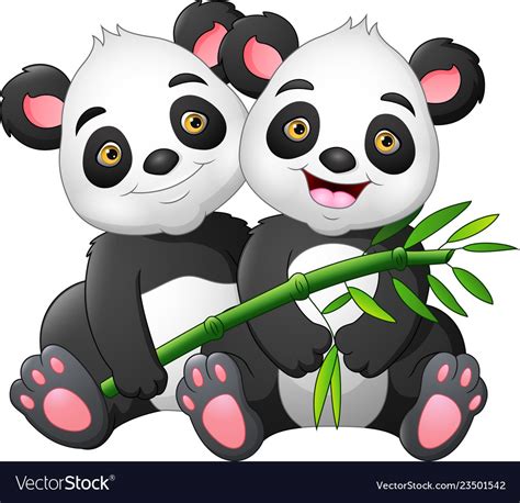 Cartoon Couple Panda With Green Bamboo Royalty Free Vector