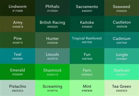 237 Shades Of Green Color Names HEX RGB CMYK Codes 56 OFF