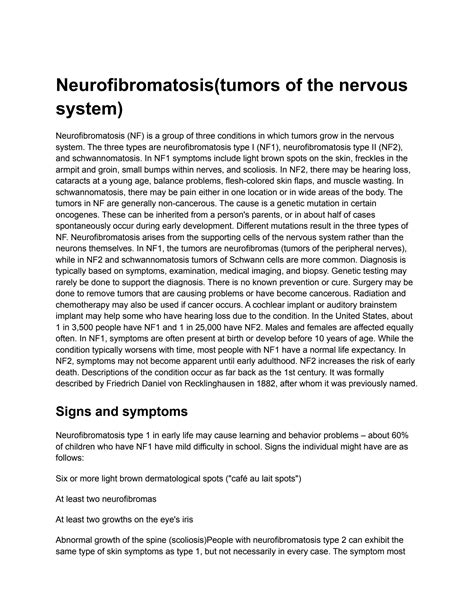 Solution Neurofibromatosis Tumors Of The Nervous System Studypool