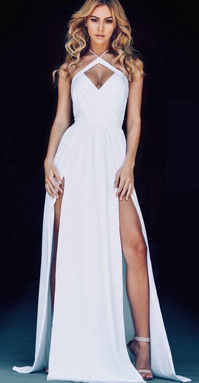 Lovely Prom Gown Sexy White Prom Dresses Long Chiffon Slit Spaghetti