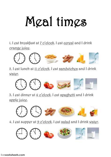 Check out the list below of 15 free meal planning worksheets. Meal times - Interactive worksheet