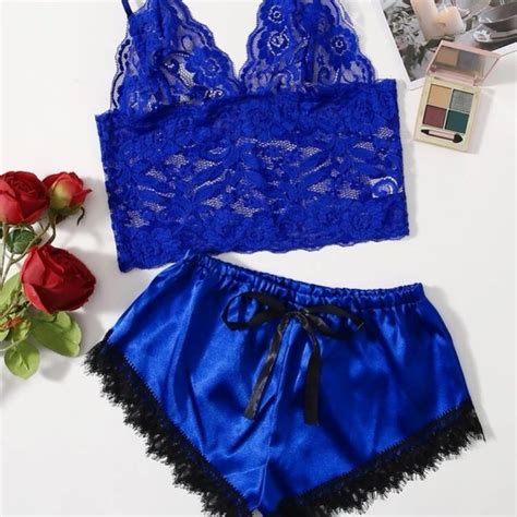 Shein Intimates And Sleepwear Royal Blue Satin Shorts With Floral Lace Bralette Poshmark