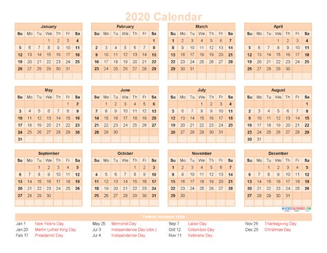 12 Month Calendar On One Page 2020 Printable Pdf Excel Image Free