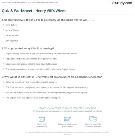 quiz and worksheet henry viii s wives