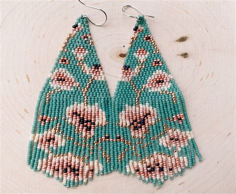 Handwoven Beaded Earrings With A Beautiful Floral Pattern These