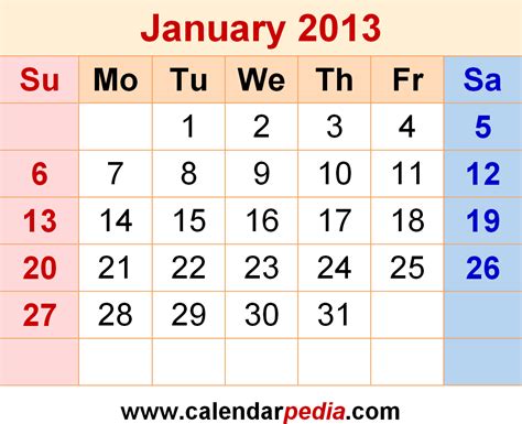 January 2013 Calendar Templates For Word Excel And Pdf