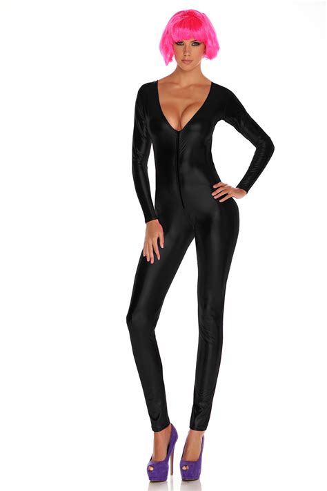 Adult Metallic Zip Front Woman Black Bodysuit 5599 The Costume Land