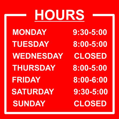 Bordered Hours Of Operation Vinyl Sign Custom Signs