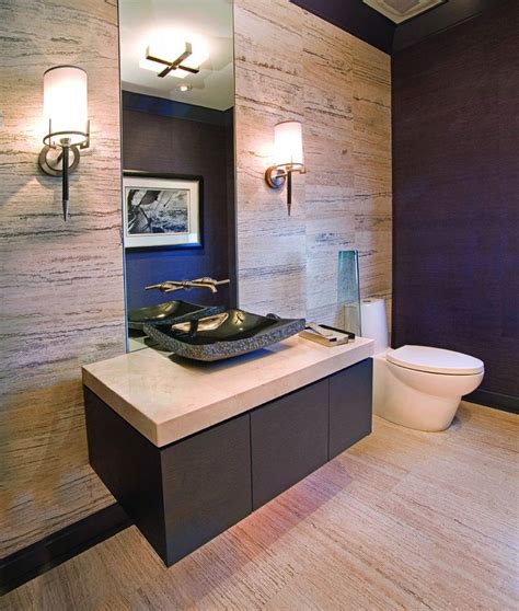Luxury Elegant Beige Interior Powder Room Style With Floating Wooden