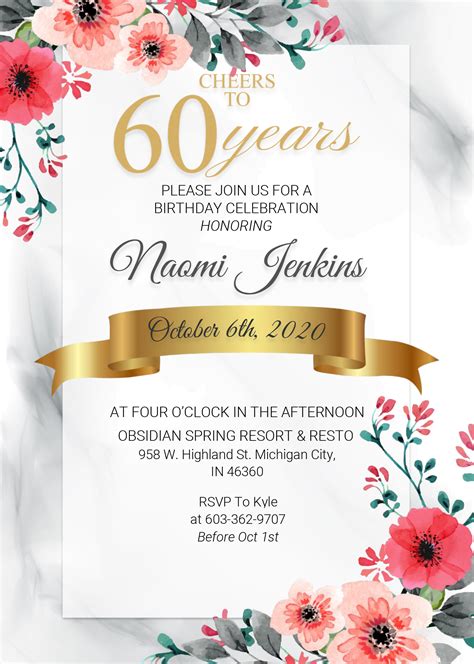 Floral 60th Birthday Invitation Templates Editable With Ms Word