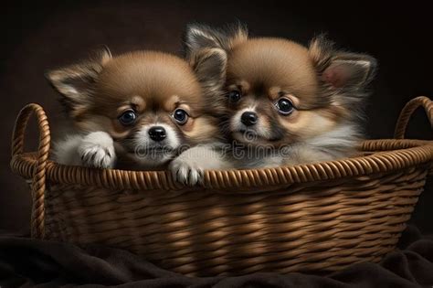A Pair Of Puppies Cuddle In A Basket Their Fluffy Fur And Big Eyes